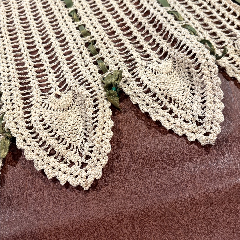 Vintage Crochet Apron with Green Ribbon Accents - Picture 3 of 6